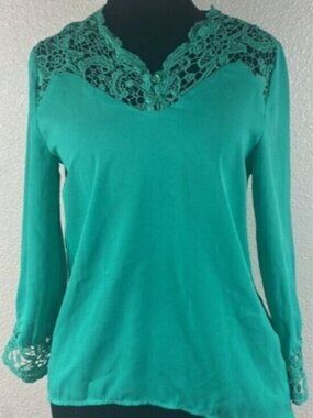 Elegant Green Lace Trim Women's Top Blouse Size S